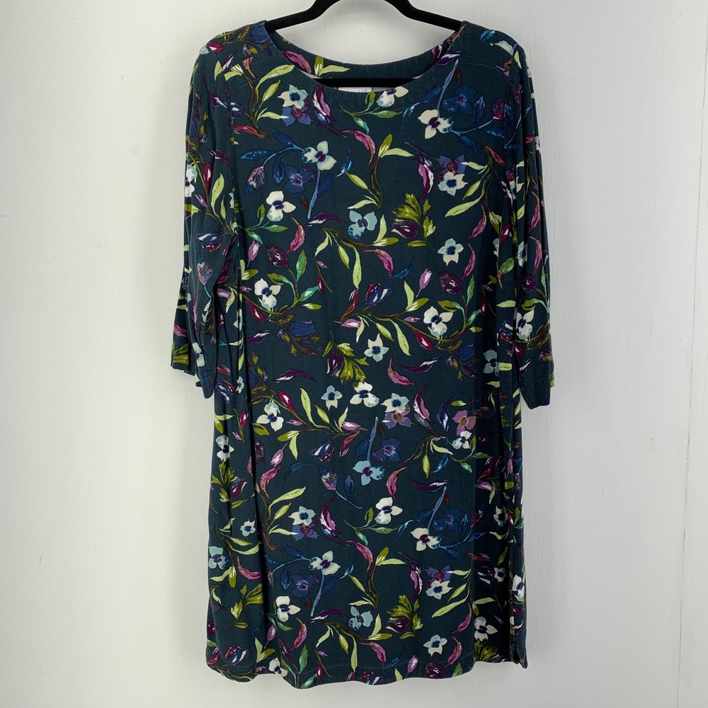 J Jill Womens Large Dress 3/4 Sleeve Dark Floral Stretch Cottagecore Colorful